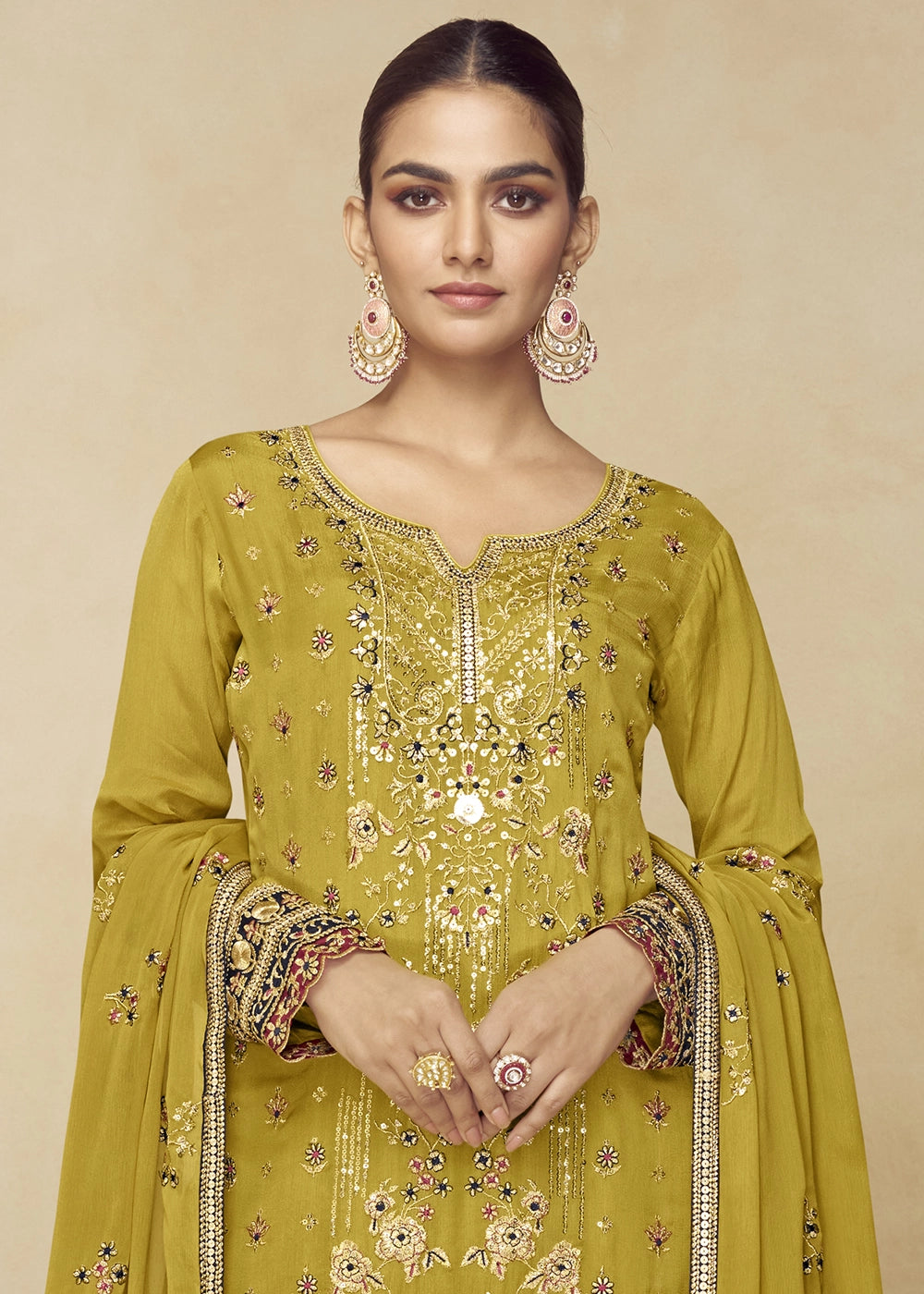 Olive Green Chinon Palazzo Suit with Heavy Embroidery Work