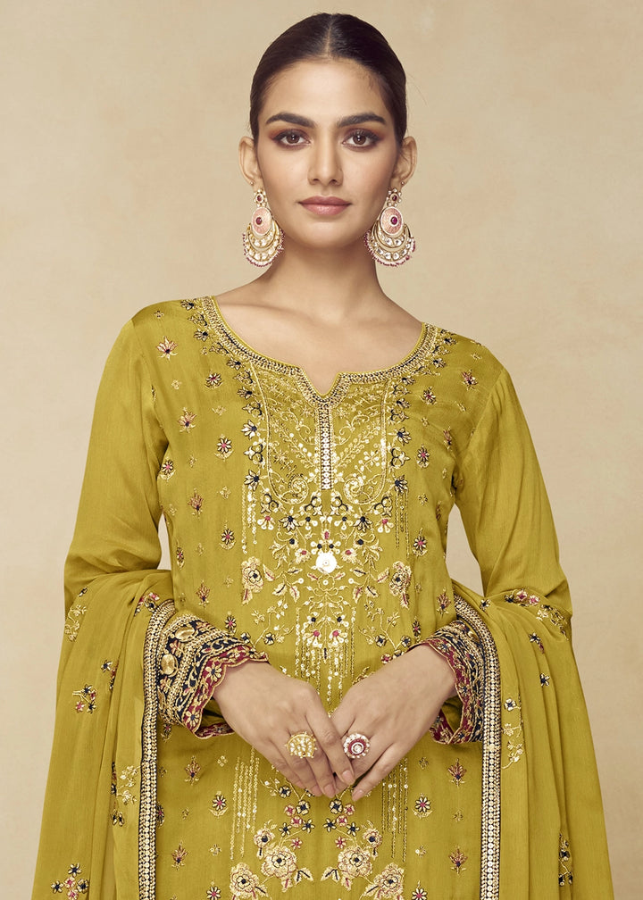 Olive Green Chinon Palazzo Suit with Heavy Embroidery Work