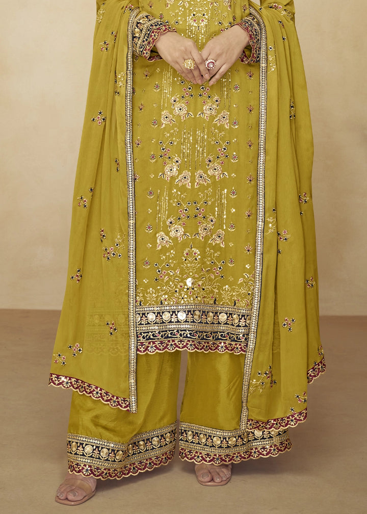 Olive Green Chinon Palazzo Suit with Heavy Embroidery Work