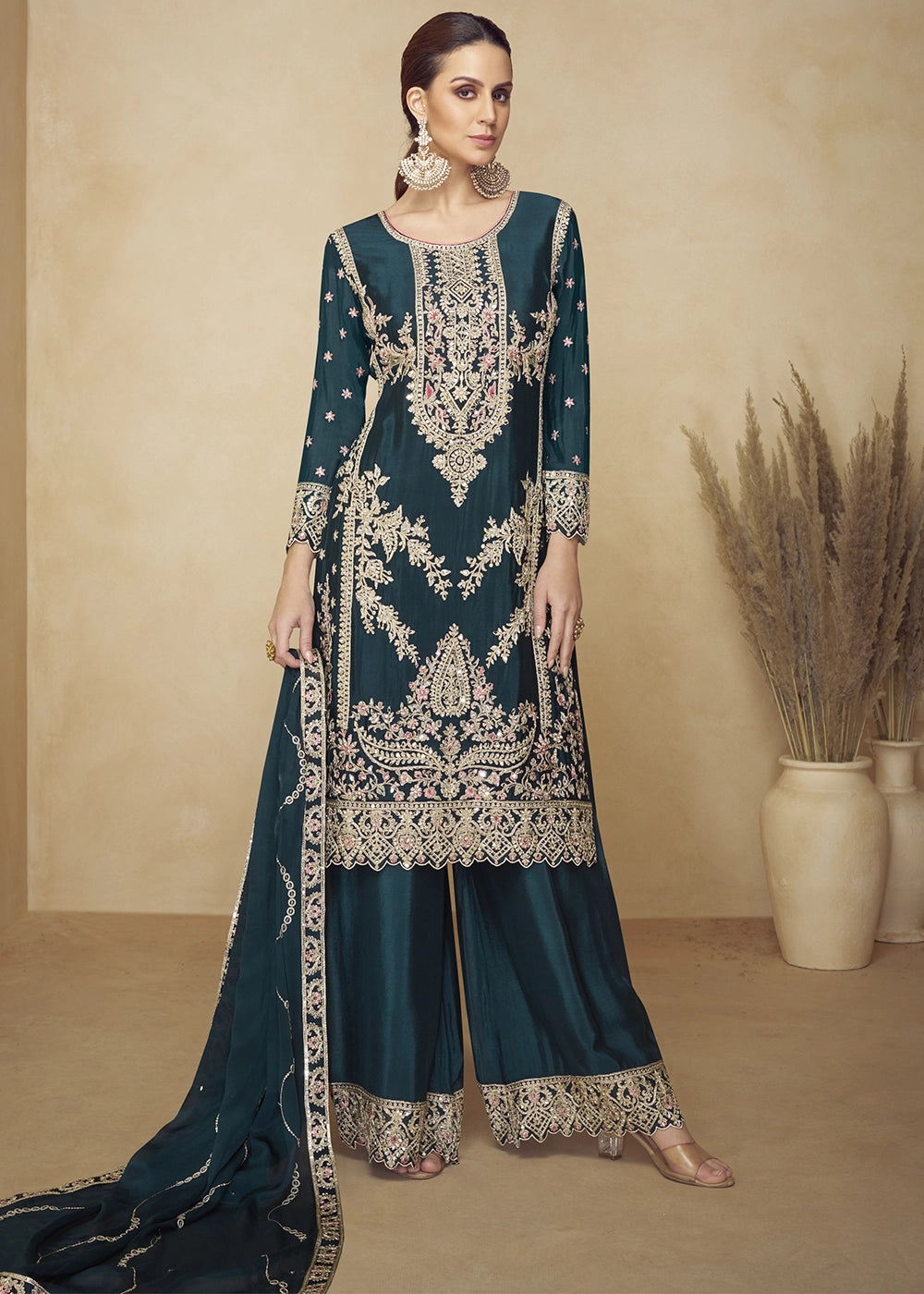 Dark Teal Chinon Palazzo Suit with Heavy Embroidery Work