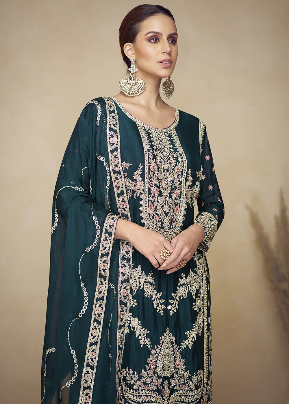 Dark Teal Chinon Palazzo Suit with Heavy Embroidery Work