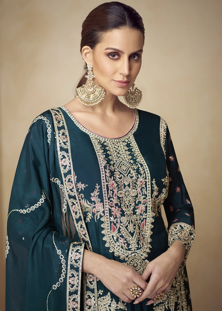 Dark Teal Chinon Palazzo Suit with Heavy Embroidery Work