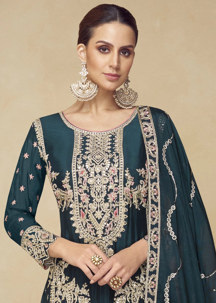 Dark Teal Chinon Palazzo Suit with Heavy Embroidery Work