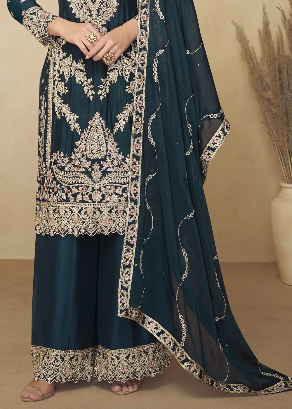 Dark Teal Chinon Palazzo Suit with Heavy Embroidery Work