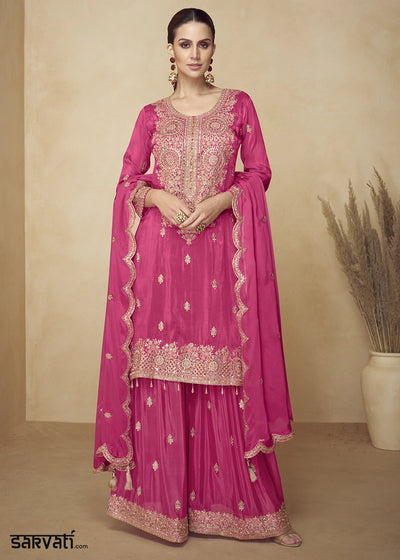 Rani Pink Chinon Silk Palazzo Suit with Heavy Embroidery Work