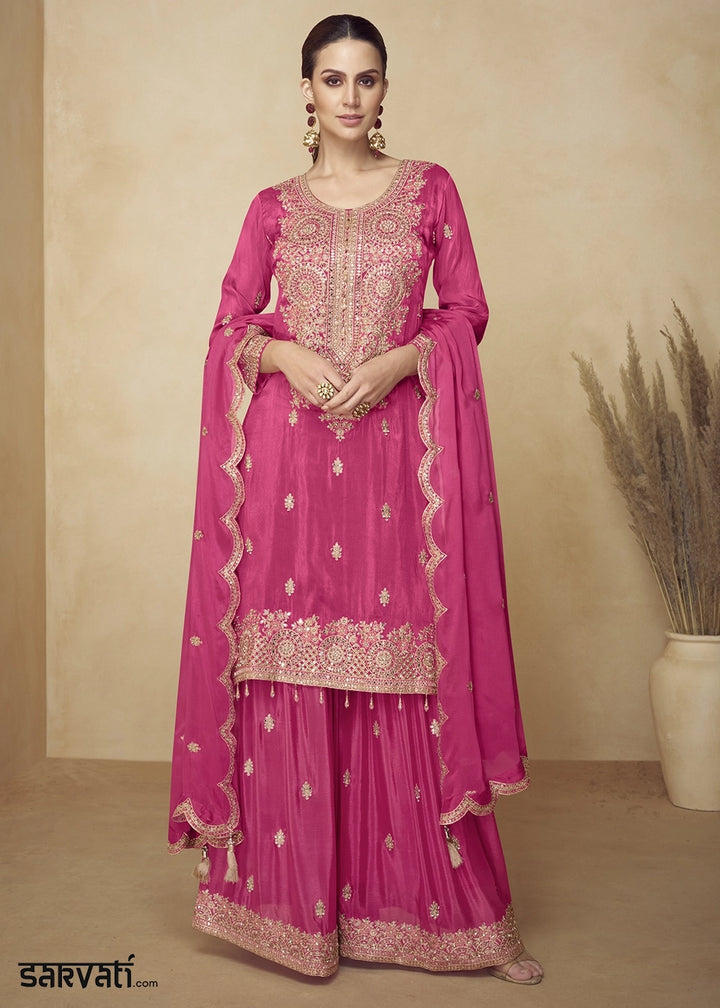 Rani Pink Chinon Silk Palazzo Suit with Heavy Embroidery Work