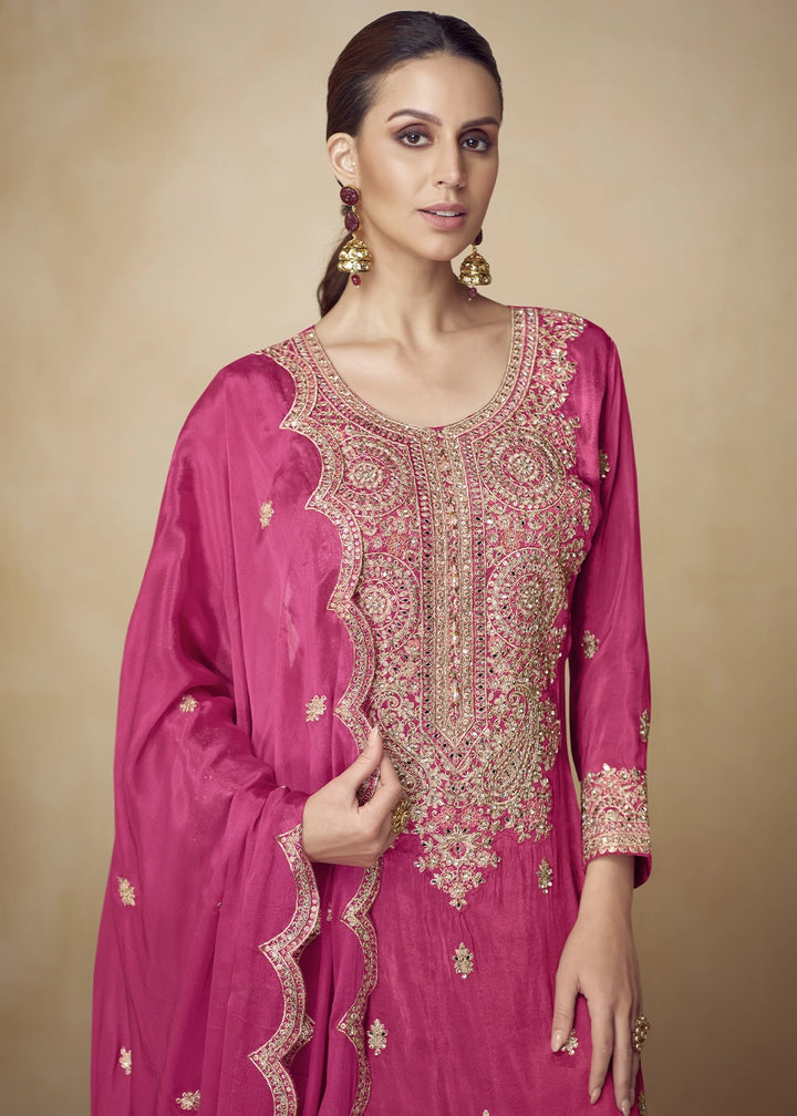 Rani Pink Chinon Silk Palazzo Suit with Heavy Embroidery Work