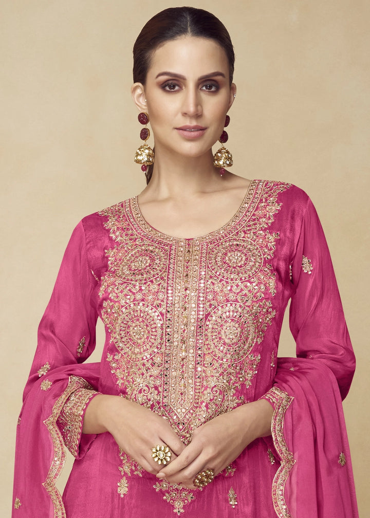 Rani Pink Chinon Silk Palazzo Suit with Heavy Embroidery Work