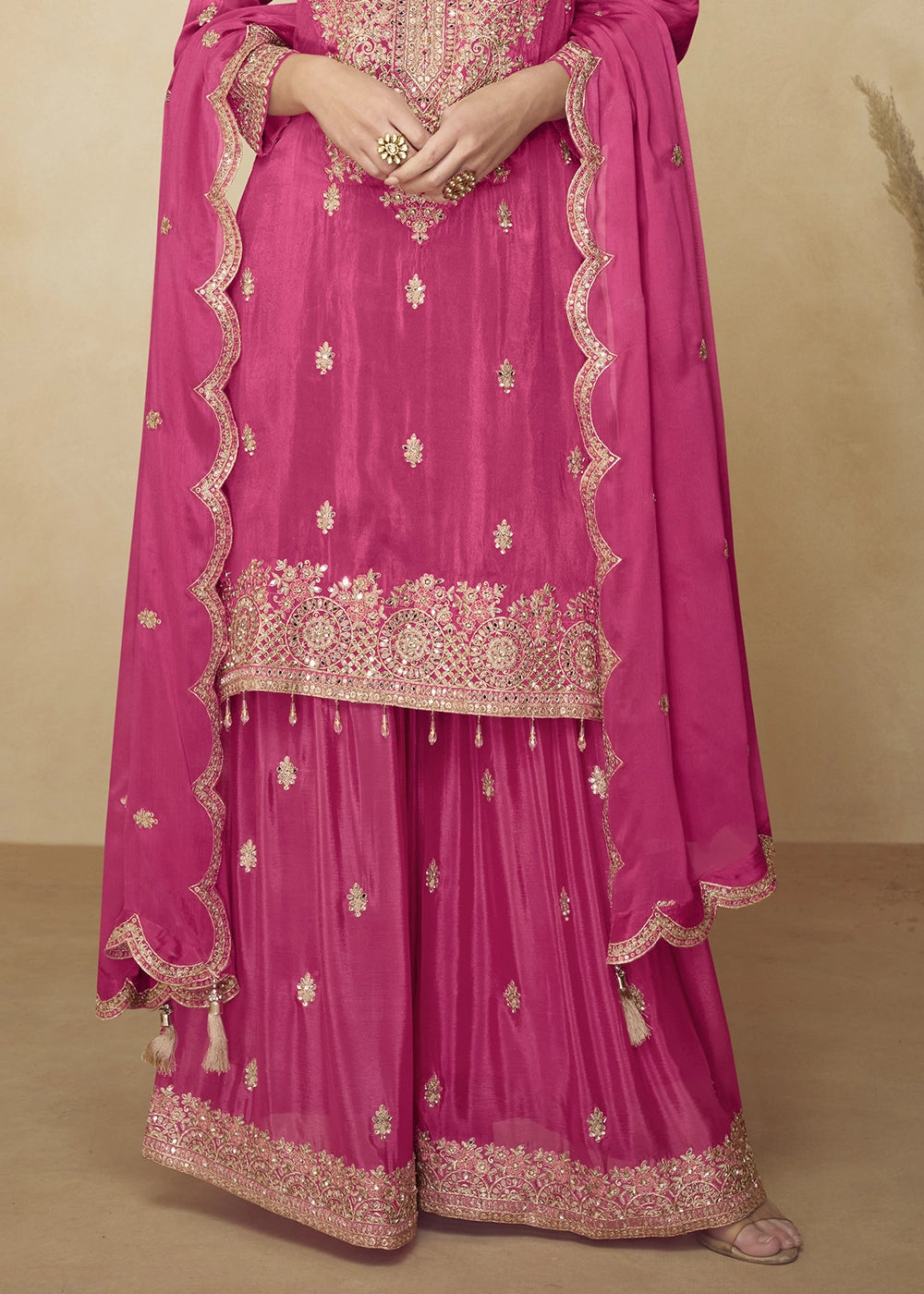 Rani Pink Chinon Silk Palazzo Suit with Heavy Embroidery Work