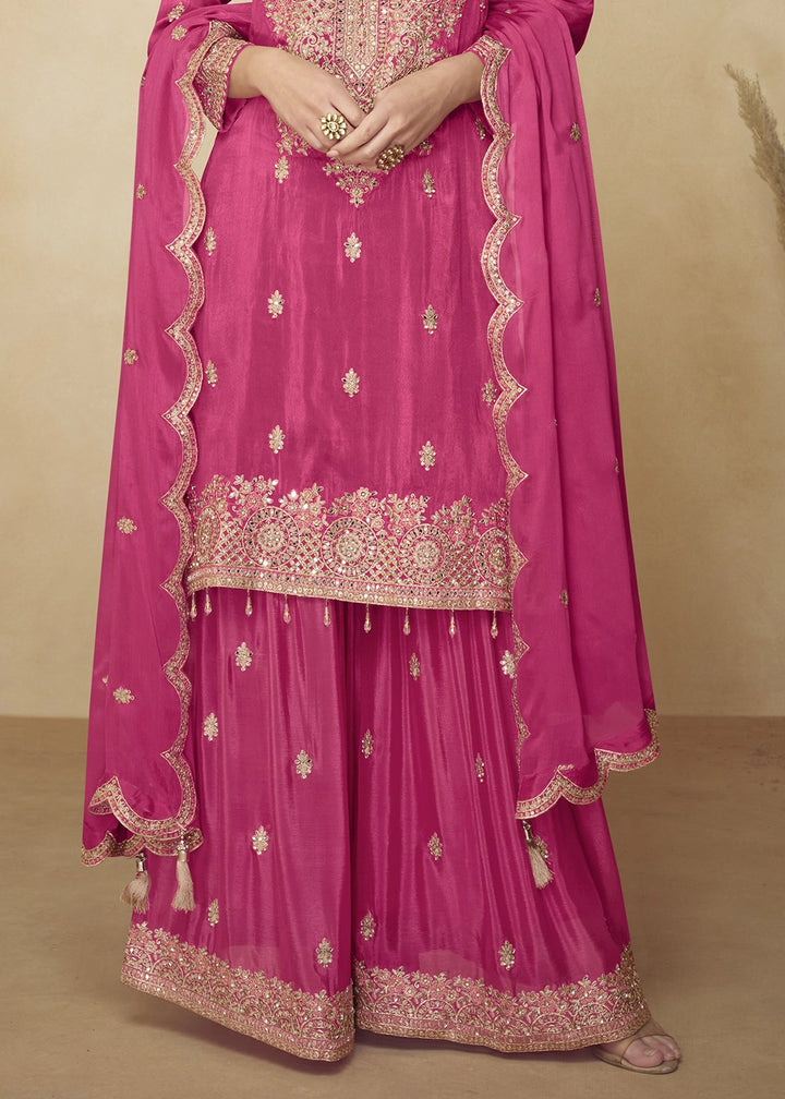 Rani Pink Chinon Silk Palazzo Suit with Heavy Embroidery Work
