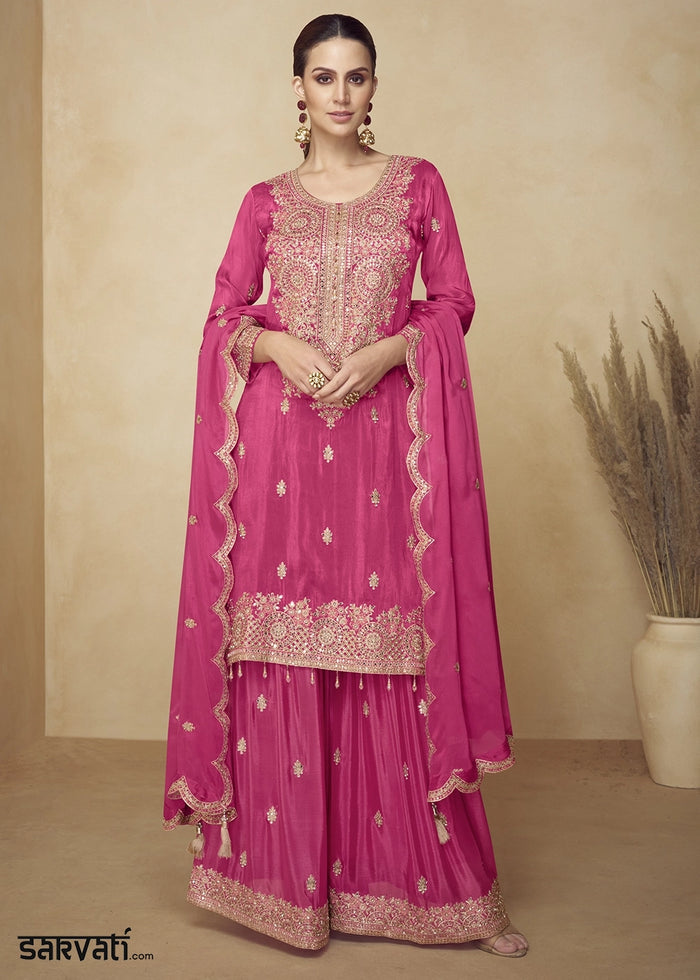 Rani Pink Chinon Silk Palazzo Suit with Heavy Embroidery Work