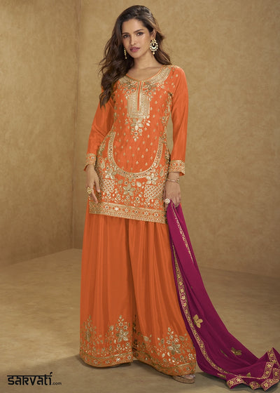 Rust Orange Chinon Silk Palazzo Suit with Heavy Embroidery Work