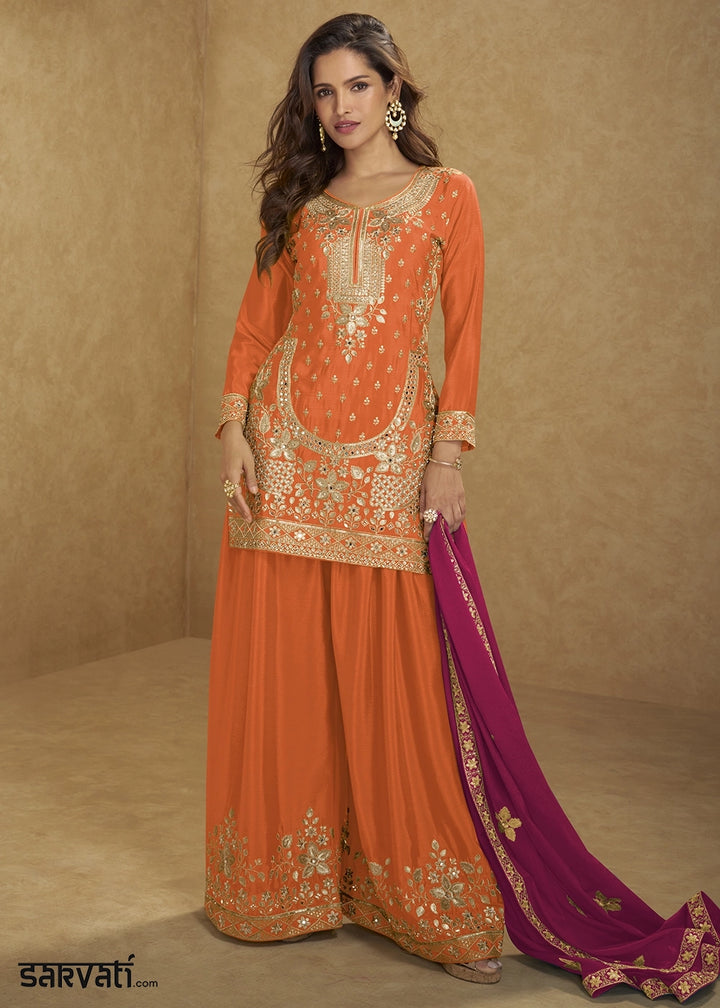 Rust Orange Chinon Silk Palazzo Suit with Heavy Embroidery Work