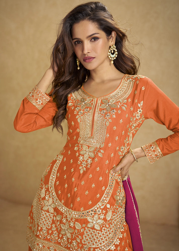 Rust Orange Chinon Silk Palazzo Suit with Heavy Embroidery Work