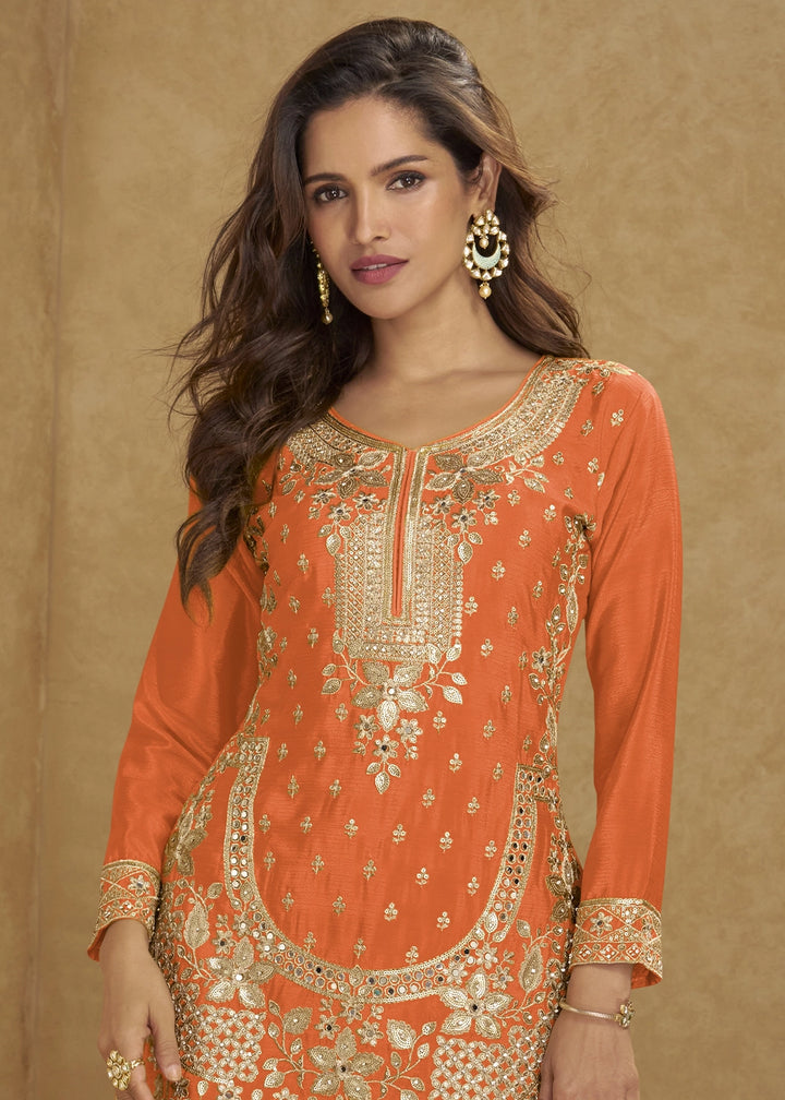 Rust Orange Chinon Silk Palazzo Suit with Heavy Embroidery Work