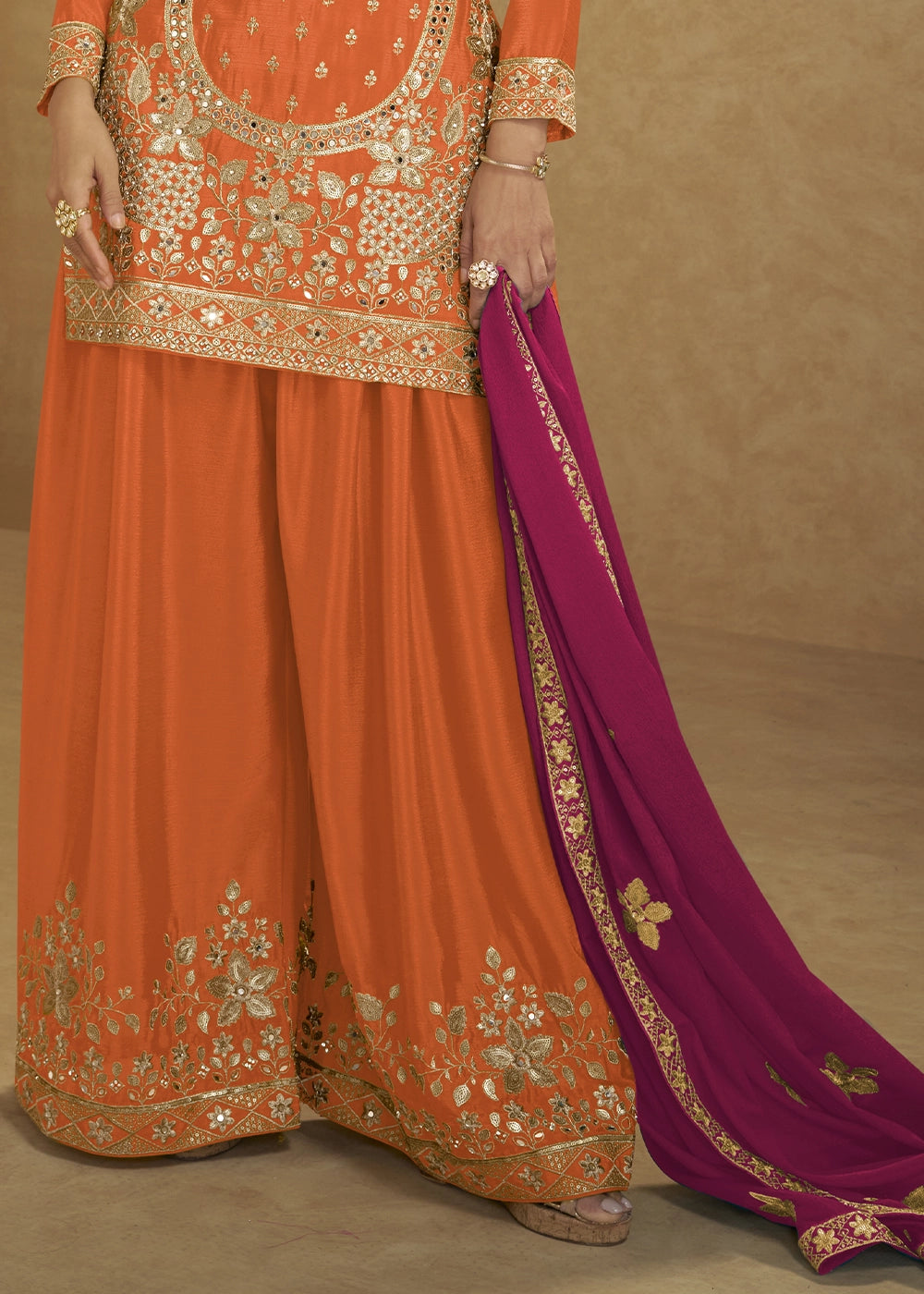 Rust Orange Chinon Silk Palazzo Suit with Heavy Embroidery Work