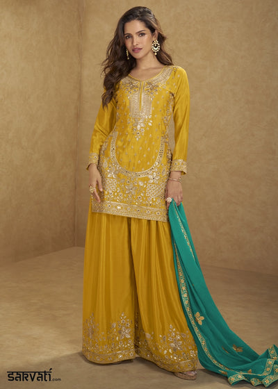 Mustard Yellow Chinon Silk Palazzo Suit with Heavy Embroidery Work