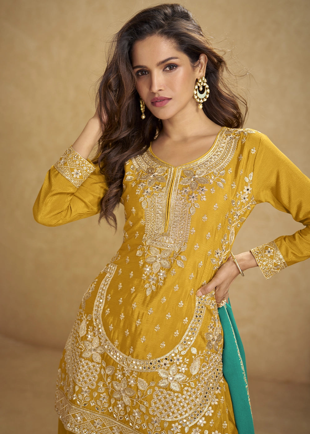 Mustard Yellow Chinon Silk Palazzo Suit with Heavy Embroidery Work