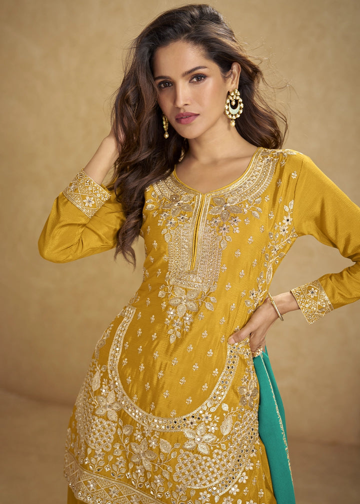 Mustard Yellow Chinon Silk Palazzo Suit with Heavy Embroidery Work