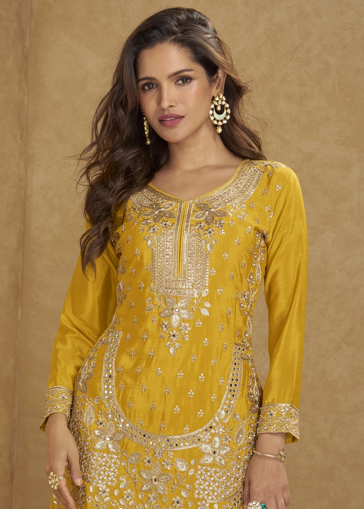 Mustard Yellow Chinon Silk Palazzo Suit with Heavy Embroidery Work