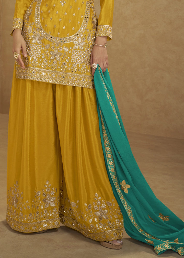 Mustard Yellow Chinon Silk Palazzo Suit with Heavy Embroidery Work