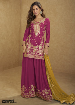 Magenta Pink Chinon Silk Palazzo Suit with Heavy Embroidery Work