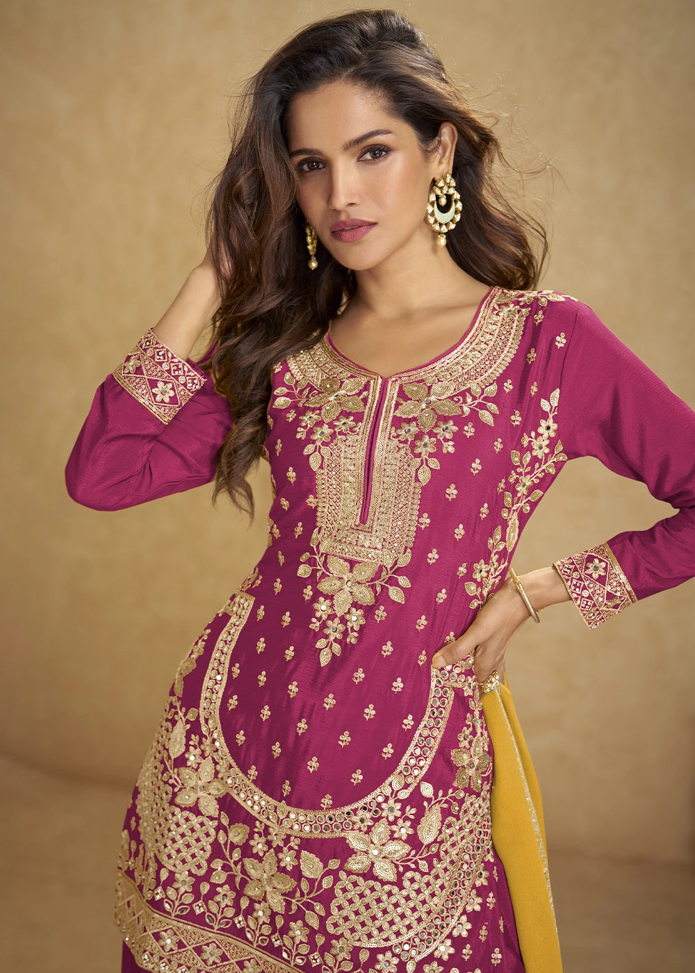 Magenta Pink Chinon Silk Palazzo Suit with Heavy Embroidery Work