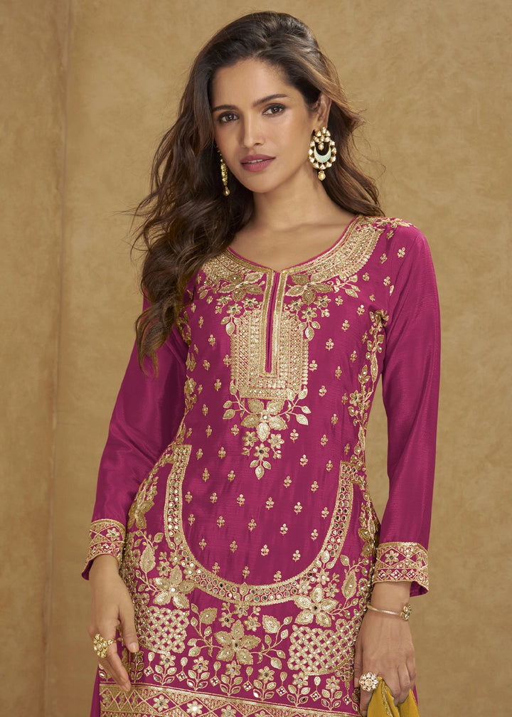 Magenta Pink Chinon Silk Palazzo Suit with Heavy Embroidery Work