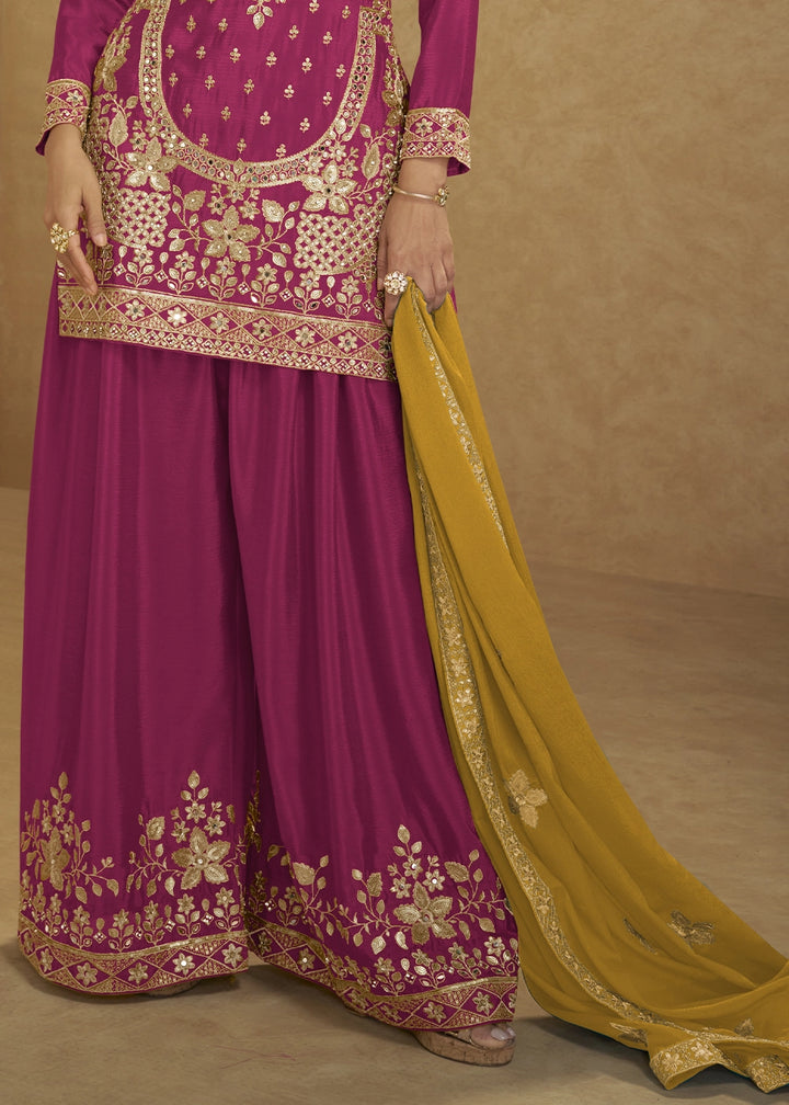 Magenta Pink Chinon Silk Palazzo Suit with Heavy Embroidery Work