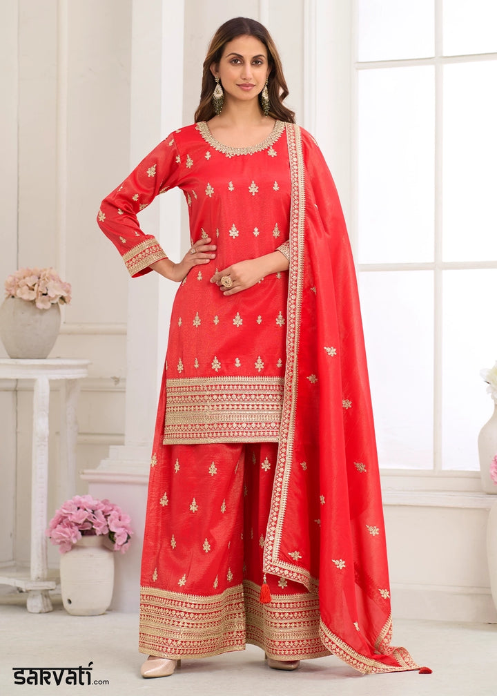 Brick Red Simar Silk Embroidered Palazzo Set