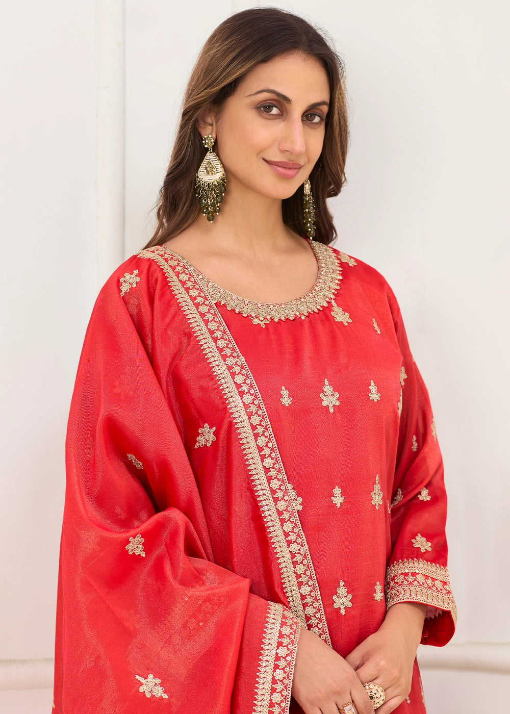 Brick Red Simar Silk Embroidered Palazzo Set