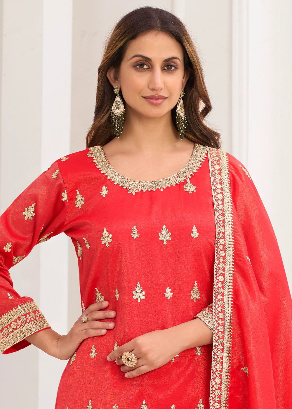 Brick Red Simar Silk Embroidered Palazzo Set