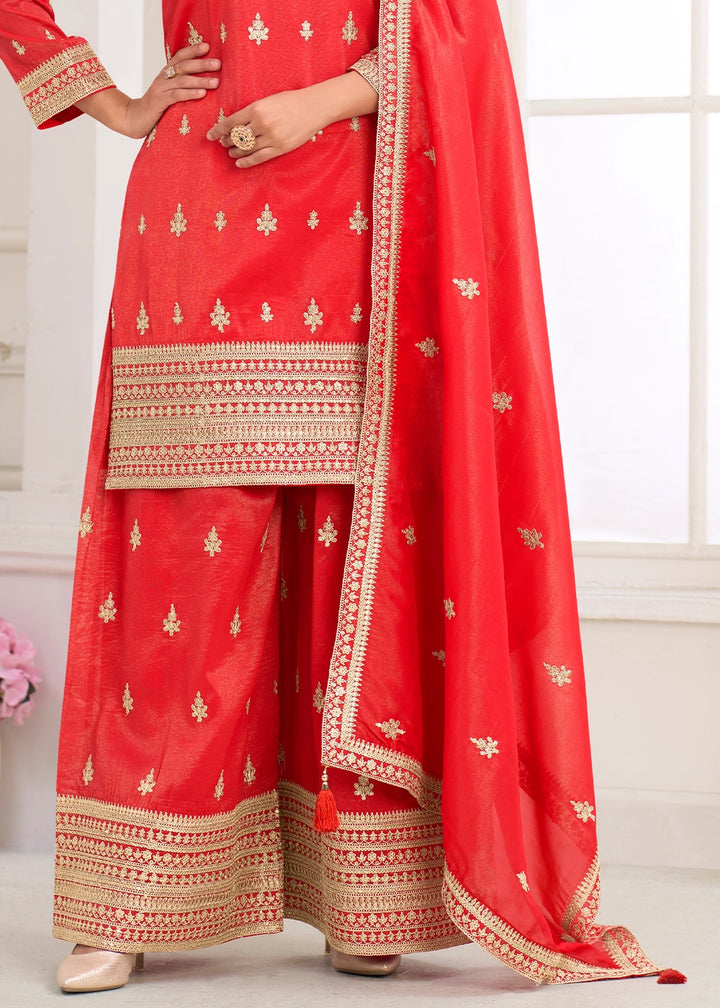Brick Red Simar Silk Embroidered Palazzo Set