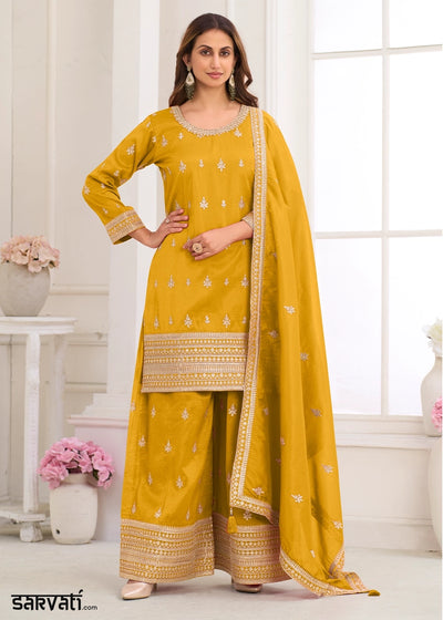 Mustard Yellow Simar Silk Embroidered Palazzo Set