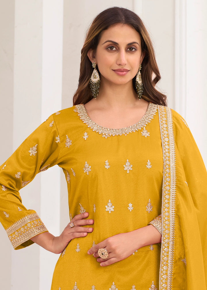 Mustard Yellow Simar Silk Embroidered Palazzo Set