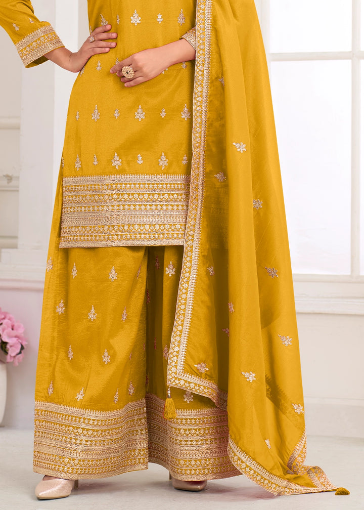 Mustard Yellow Simar Silk Embroidered Palazzo Set