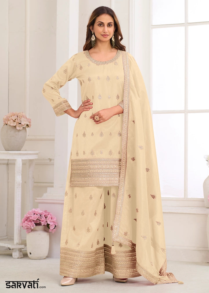 Cream White Simar Silk Embroidered Palazzo Set