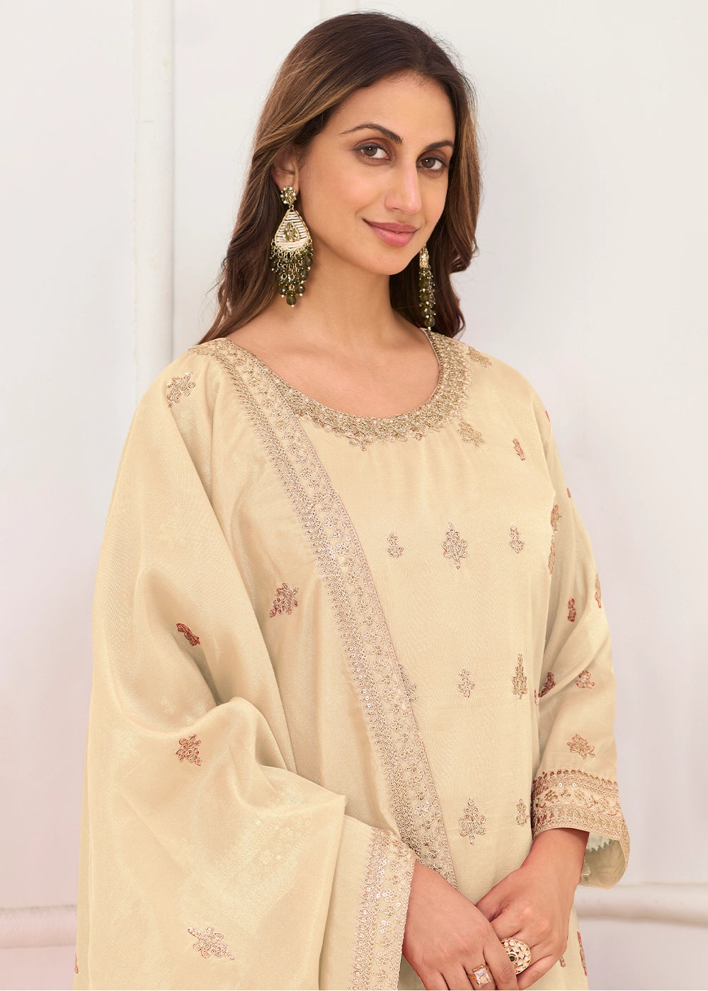 Cream White Simar Silk Embroidered Palazzo Set
