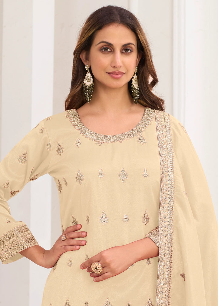Cream White Simar Silk Embroidered Palazzo Set