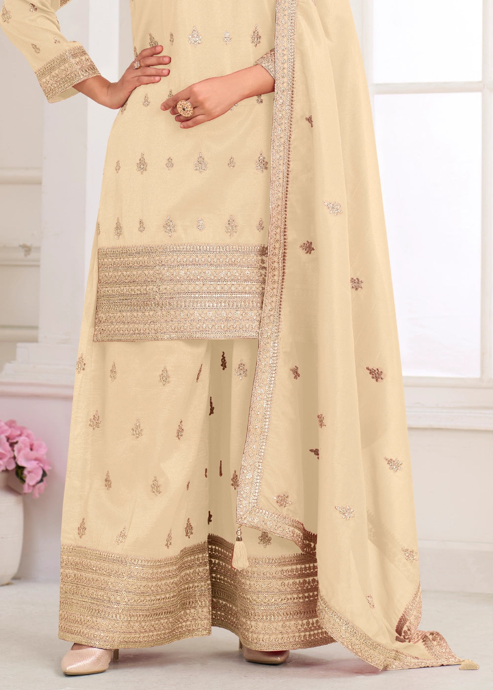 Cream White Simar Silk Embroidered Palazzo Set