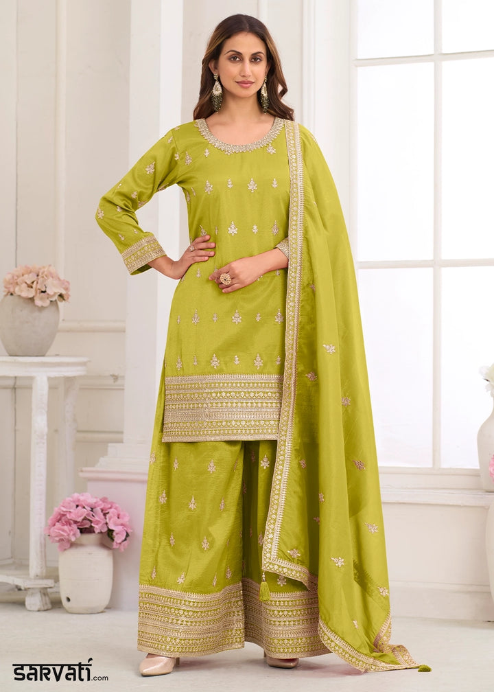 Avocado Green Simar Silk Embroidered Palazzo Set