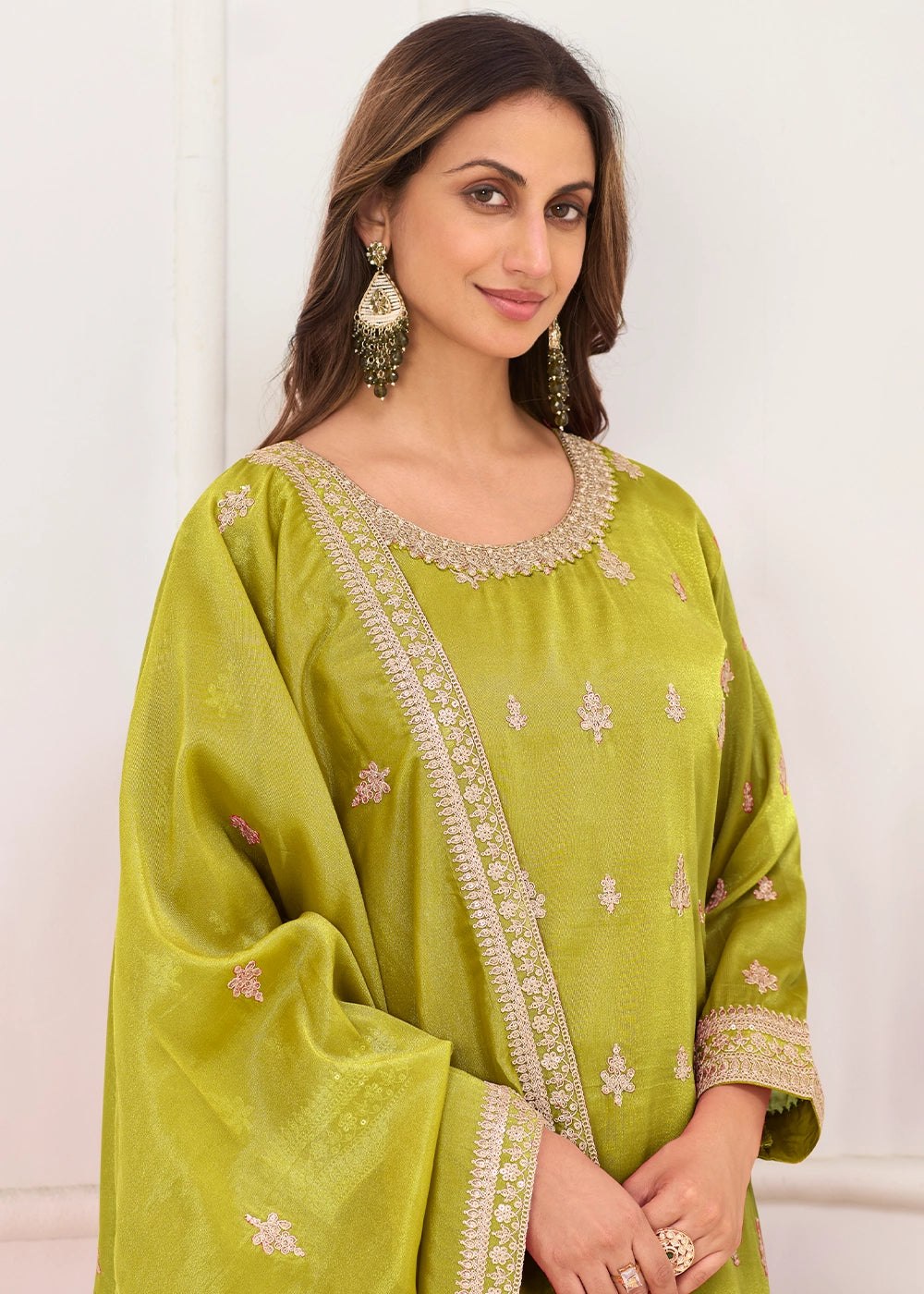 Avocado Green Simar Silk Embroidered Palazzo Set