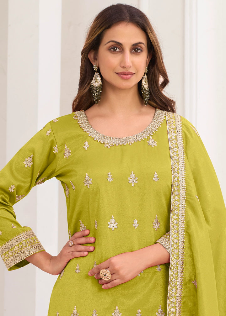 Avocado Green Simar Silk Embroidered Palazzo Set