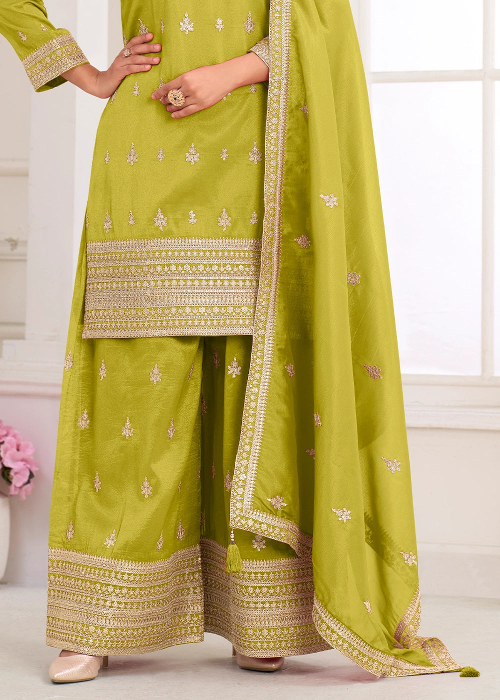 Avocado Green Simar Silk Embroidered Palazzo Set