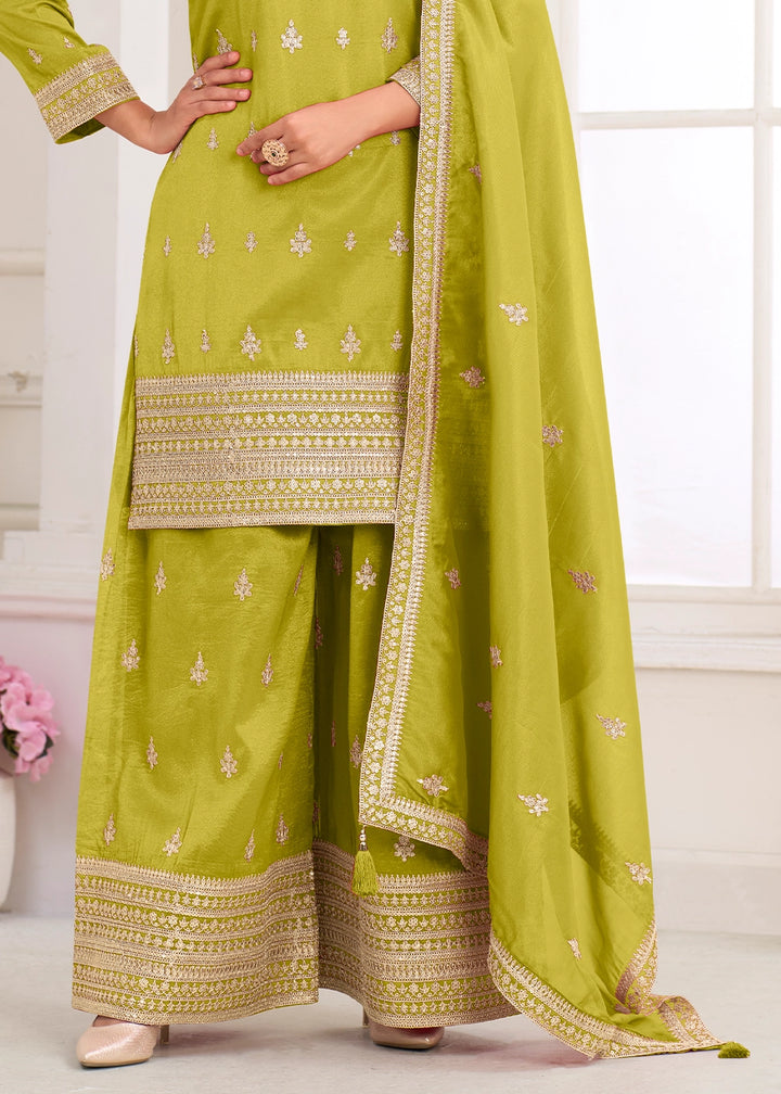 Avocado Green Simar Silk Embroidered Palazzo Set
