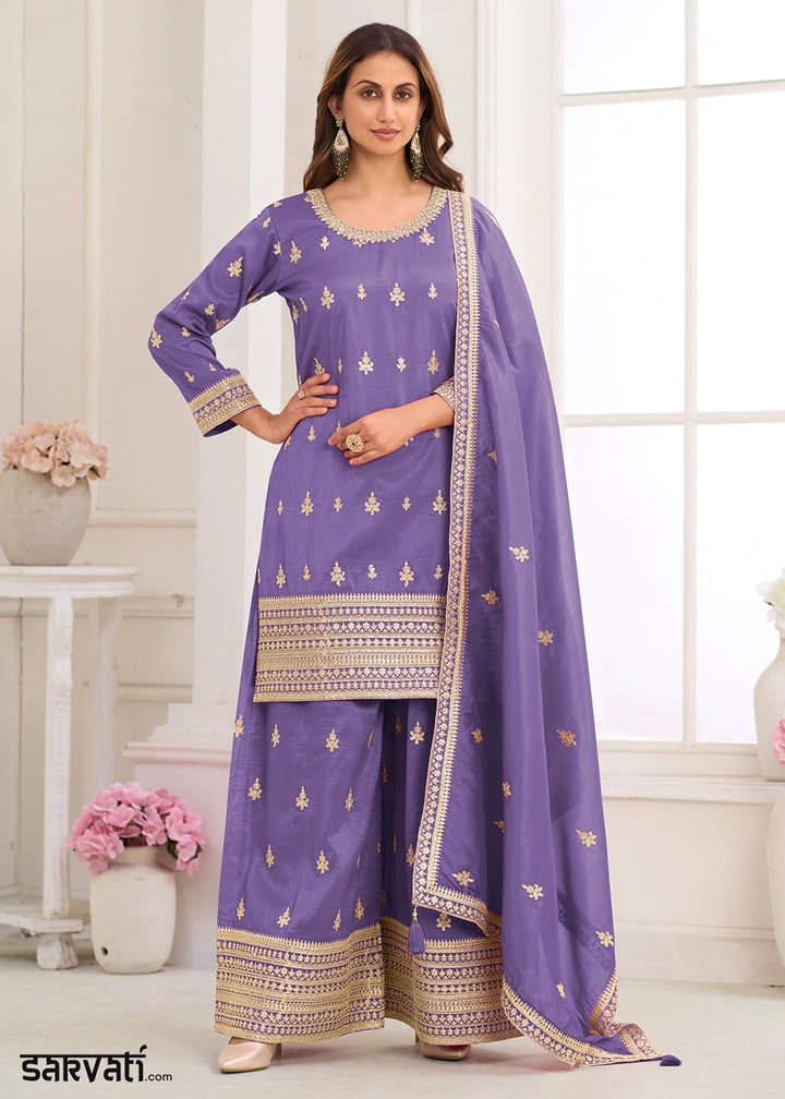 Medium Purple Simar Silk Embroidered Palazzo Set