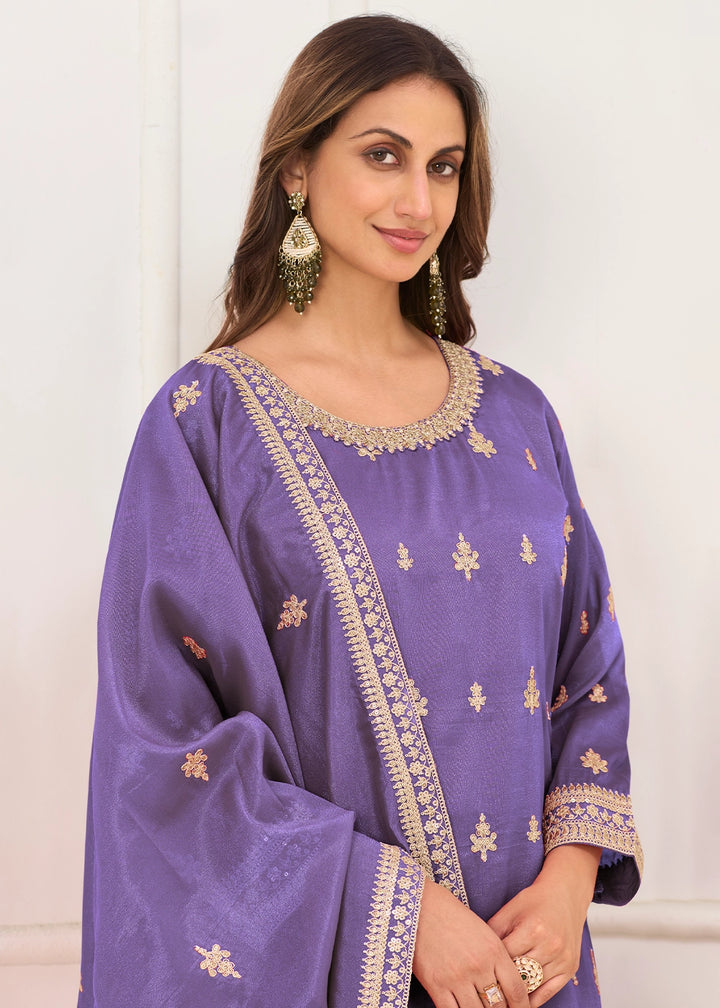 Medium Purple Simar Silk Embroidered Palazzo Set
