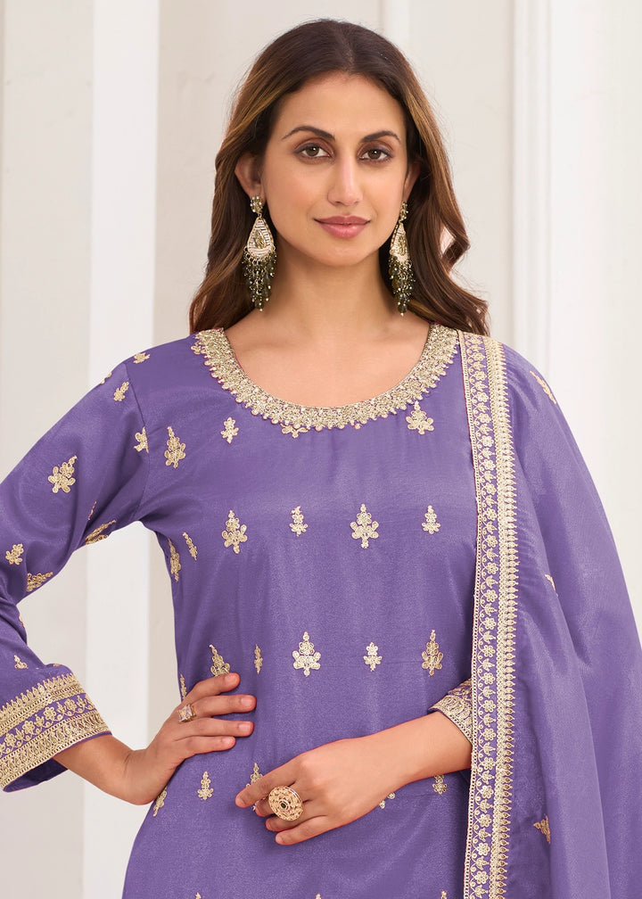 Medium Purple Simar Silk Embroidered Palazzo Set