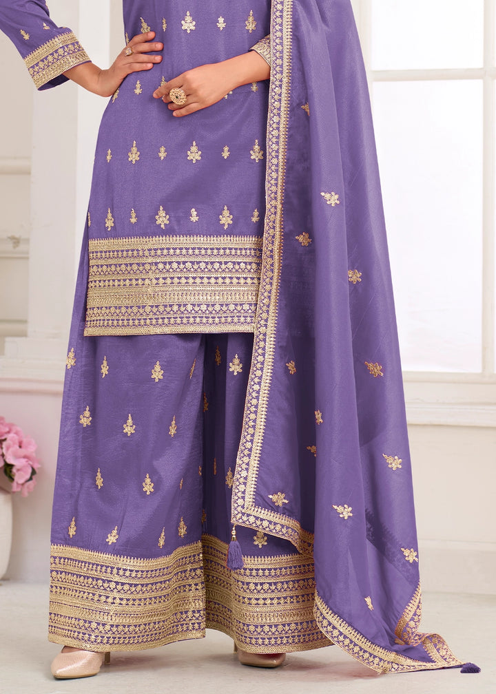 Medium Purple Simar Silk Embroidered Palazzo Set