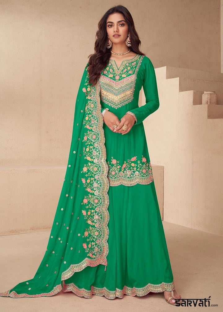 Parakeet Green Designer Chinon Silk Embroidered Palazzo Suit